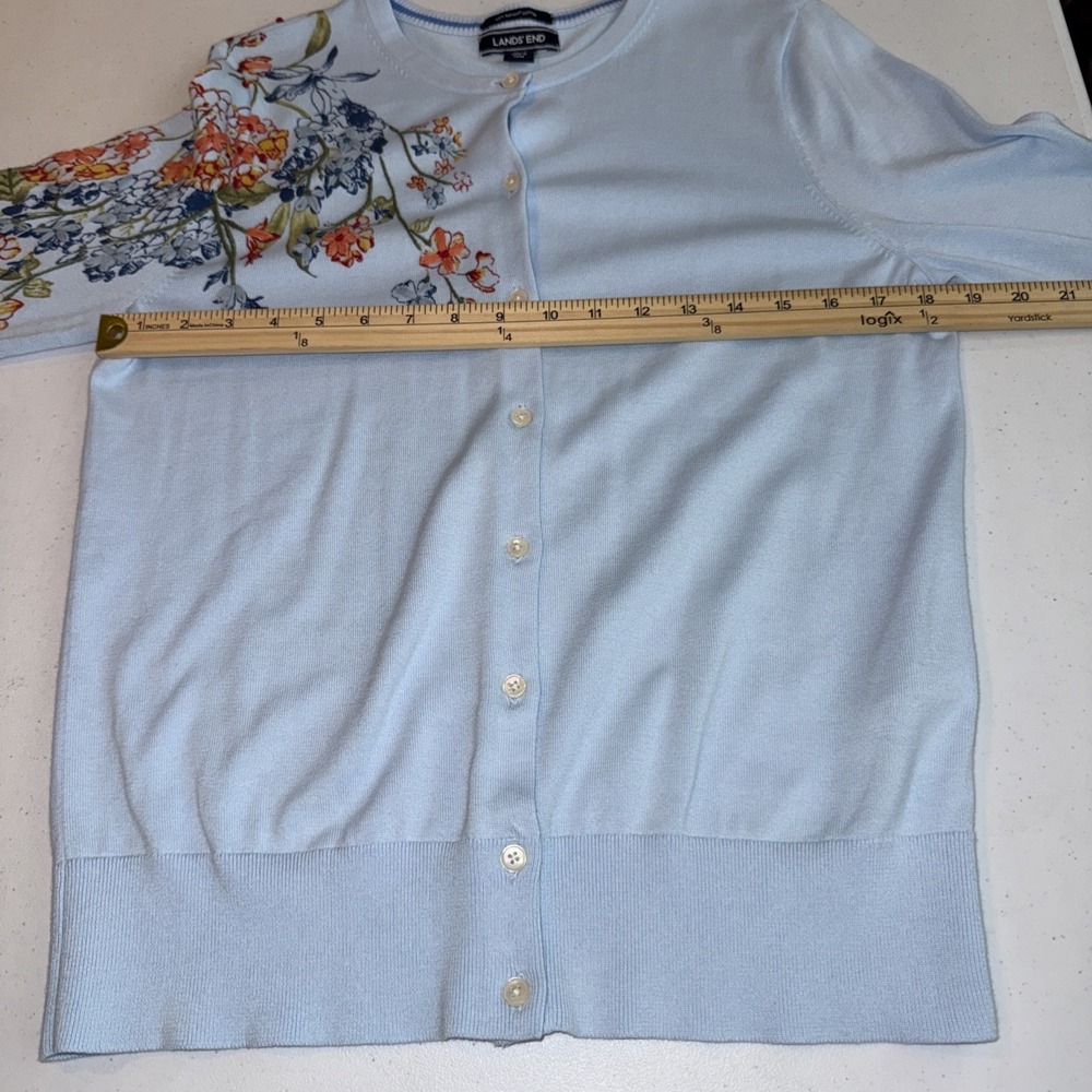 Lands End Embroidered Cardigan Light Blue Floral Feminine NWOT Sz Med Pima Cotto - Picture 7 of 13
